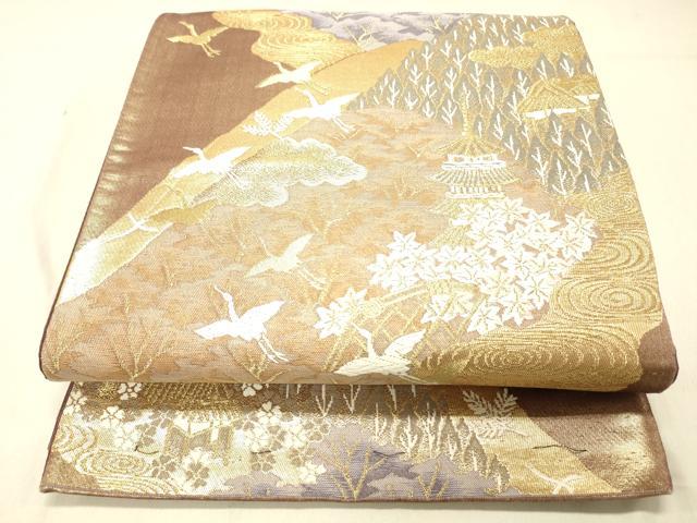 平和屋着物◎六通柄袋帯　飛鶴風景文　金糸　正絹　逸品　DABA0994cm