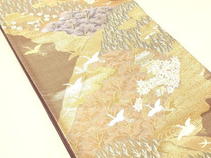 平和屋着物◎六通柄袋帯　飛鶴風景文　金糸　正絹　逸品　DABA0994cm