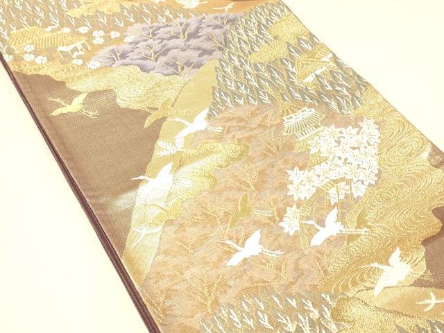 平和屋着物◎六通柄袋帯　飛鶴風景文　金糸　正絹　逸品　DABA0994cm