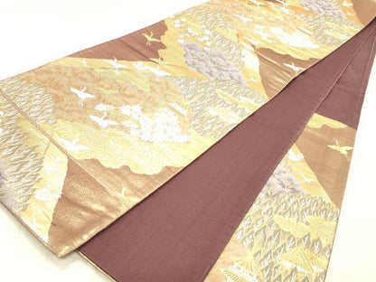 平和屋着物◎六通柄袋帯　飛鶴風景文　金糸　正絹　逸品　DABA0994cm