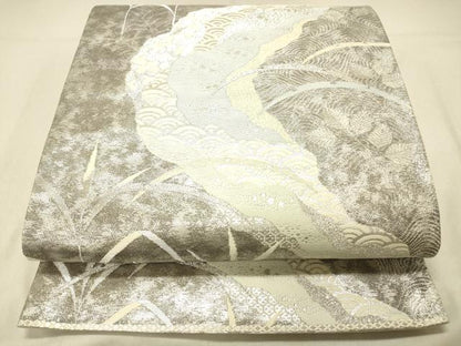 平和屋着物◎六通柄袋帯　流水草葉文　銀糸　正絹　逸品　DABA0995cm