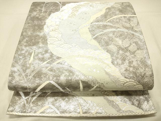 平和屋着物◎六通柄袋帯　流水草葉文　銀糸　正絹　逸品　DABA0995cm