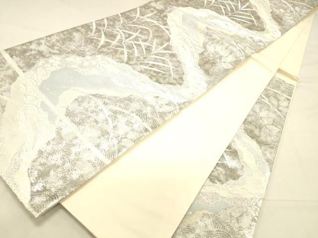 平和屋着物◎六通柄袋帯　流水草葉文　銀糸　正絹　逸品　DABA0995cm
