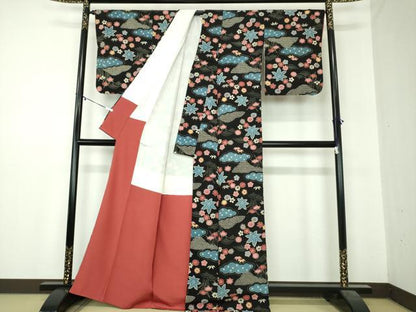 平和屋着物●上質な小紋　型染　雲取り花文　黒地　正絹　逸品　DABA1042ps