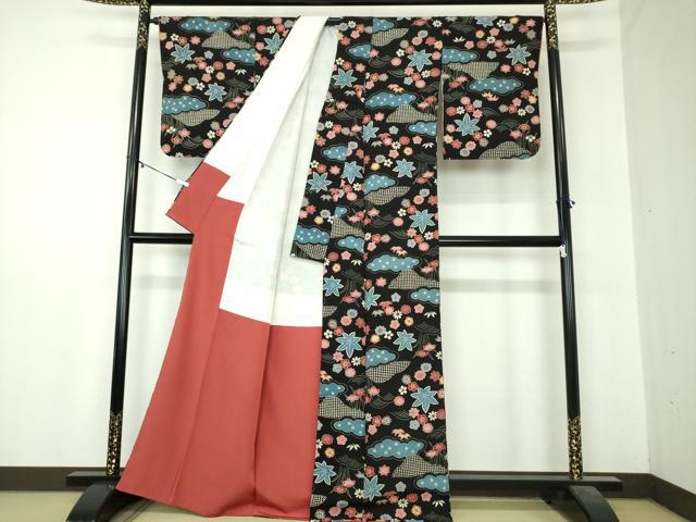 平和屋着物●上質な小紋　型染　雲取り花文　黒地　正絹　逸品　DABA1042ps