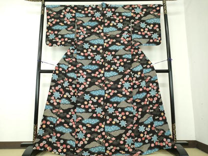 平和屋着物●上質な小紋　型染　雲取り花文　黒地　正絹　逸品　DABA1042ps