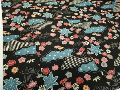 平和屋着物●上質な小紋　型染　雲取り花文　黒地　正絹　逸品　DABA1042ps