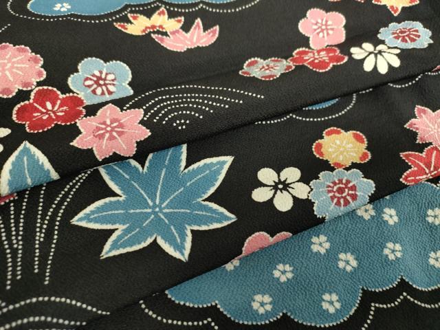 平和屋着物●上質な小紋　型染　雲取り花文　黒地　正絹　逸品　DABA1042ps