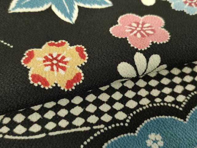 平和屋着物●上質な小紋　型染　雲取り花文　黒地　正絹　逸品　DABA1042ps