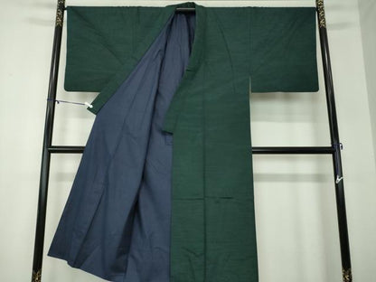 平和屋着物●男性　紬　アンサンブル　深緑色　正絹　逸品　DABA1080ps