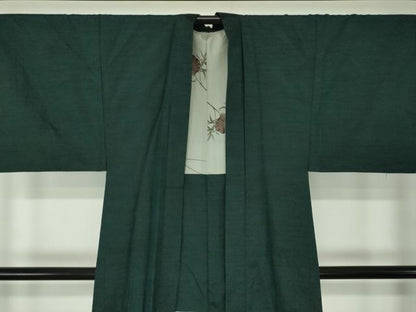 平和屋着物●男性　紬　アンサンブル　深緑色　正絹　逸品　DABA1080ps