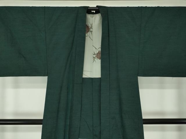 平和屋着物●男性　紬　アンサンブル　深緑色　正絹　逸品　DABA1080ps