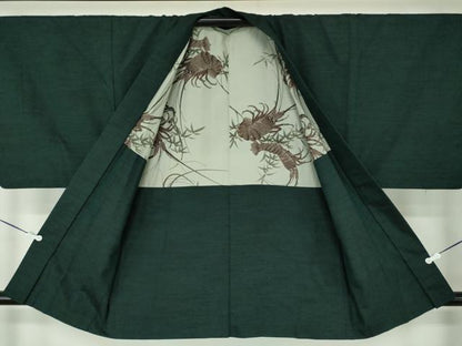 平和屋着物●男性　紬　アンサンブル　深緑色　正絹　逸品　DABA1080ps
