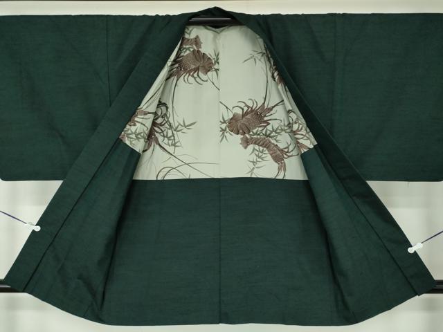 平和屋着物●男性　紬　アンサンブル　深緑色　正絹　逸品　DABA1080ps