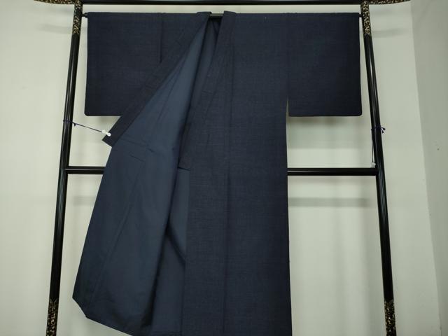 平和屋着物○男性 結城紬 アンサンブル 長羽織 杢 濃紺地 正絹 逸品