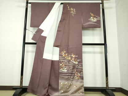 平和屋着物●訪問着　駒刺繍　流水花舟　暈し染め　金彩　正絹　逸品　DABA1093ps