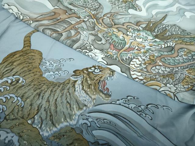 平和屋着物●男性 長襦袢 袷 手描き 龍虎 金彩 正絹 逸品 DABA1105ps