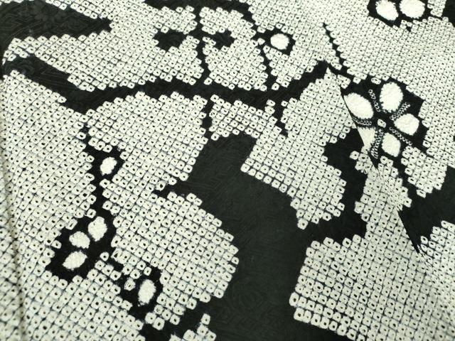 平和屋着物●本疋田絞り　小紋　枝花文　黒地　ロング丈　正絹　逸品　DABA1123ps