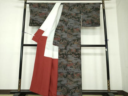 平和屋着物●上質な小紋　人物風景文　鬼しぼ縮緬　金彩　正絹　逸品　DABA1146ps