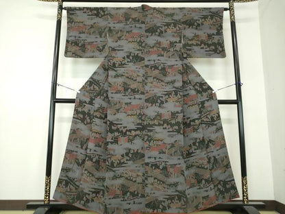 平和屋着物●上質な小紋　人物風景文　鬼しぼ縮緬　金彩　正絹　逸品　DABA1146ps