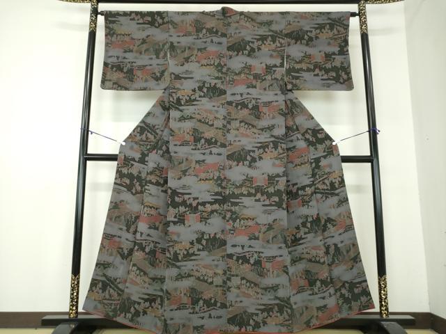 平和屋着物●上質な小紋　人物風景文　鬼しぼ縮緬　金彩　正絹　逸品　DABA1146ps