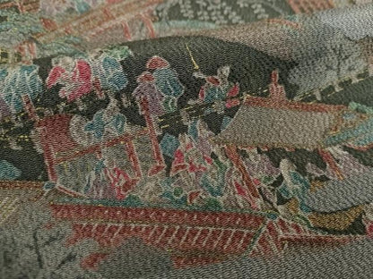 平和屋着物●上質な小紋　人物風景文　鬼しぼ縮緬　金彩　正絹　逸品　DABA1146ps