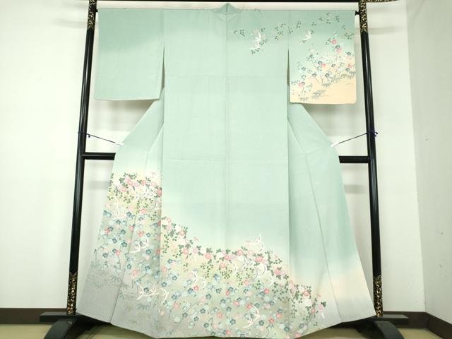 平和屋着物●訪問着 飛鶴花文 暈し染め 金銀彩 正絹 逸品 DABA1173ps