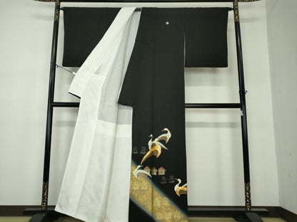 平和屋着物●豪華黒留袖　作家物　鶴花文　暈し染め　金彩　正絹　逸品　DABA1176ps