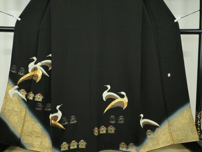 平和屋着物●豪華黒留袖　作家物　鶴花文　暈し染め　金彩　正絹　逸品　DABA1176ps