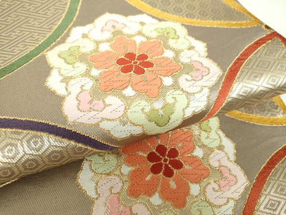 平和屋着物●六通柄袋帯　唐織　七宝花文　金糸　正絹　逸品　DABA1194ps