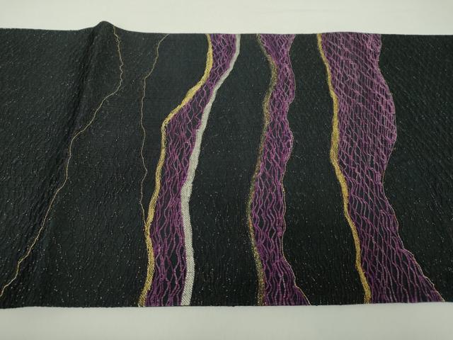 平和屋着物▽六通柄袋帯　スリーシーズン帯　春　夏　秋　櫛織り　霞文　黒地　金銀糸　正絹　逸品　DABA1200ps 平和屋着物▽六通柄袋帯 スリーシーズン帯 春 夏 秋 櫛織り