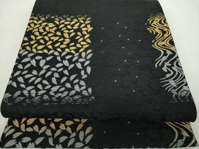 平和屋着物●六通柄袋帯　唐織　舞桜　黒地　金糸　正絹　逸品　DABA1220ps 平和屋着物○六通柄袋帯 唐織 舞桜 黒地 金糸 正絹 逸品 DABA1220ps