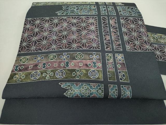 平和屋着物●京友禅作家　黒島敏　九寸名古屋帯　麻の葉花文　正絹　逸品　DABA1240ps 平和屋着物○京友禅作家 黒島敏 九寸名古屋帯 麻の葉花文