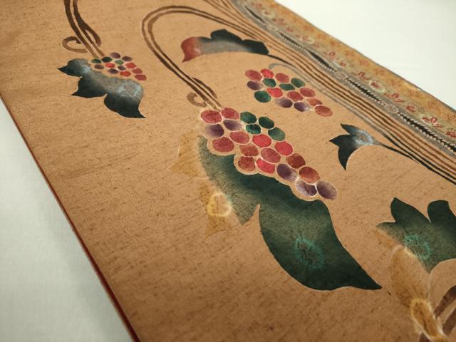 平和屋着物●名匠たかし　全通柄京袋帯　紬地　型染　絞り　葡萄唐草間道　正絹　逸品　未使用　DABA1245ps 平和屋着物○名匠たかし 全通柄京袋帯 紬地 型染 絞り