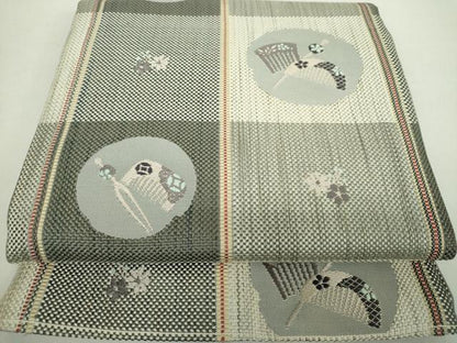 平和屋着物●本場筑前博多織 八寸名古屋帯 市松文様 花簪 正絹 逸品 DABA1247ps
