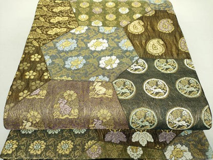 平和屋着物▽六通柄袋帯 スリーシーズン帯 春 夏 秋 切嵌名物裂花文 花兎 金糸 正絹 逸品 DABA1285ps