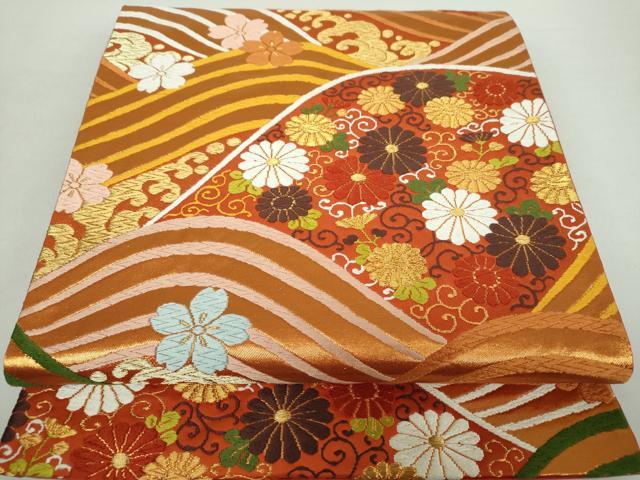 平和屋着物●西陣　河合美術織物謹製　六通柄袋帯　唐織　立波花文　金糸　正絹　逸品　DABA1302ps 平和屋着物○西陣 河合美術織物謹製 六通柄袋帯 唐織 立波花文 金糸