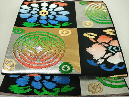 平和屋着物●六通柄　本袋帯　龍村平蔵柄　遠州七宝錦　黒地　金銀糸　正絹　逸品　DABA1326ps
