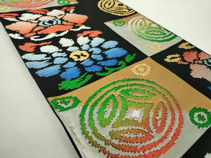 平和屋着物●六通柄　本袋帯　龍村平蔵柄　遠州七宝錦　黒地　金銀糸　正絹　逸品　DABA1326ps