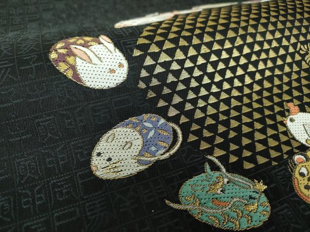 平和屋着物●九寸開き名古屋帯　唐織　十二支　黒地　金糸　正絹　逸品　DABA1340ps
