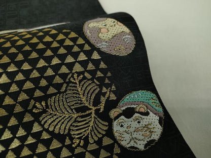 平和屋着物●九寸開き名古屋帯　唐織　十二支　黒地　金糸　正絹　逸品　DABA1340ps