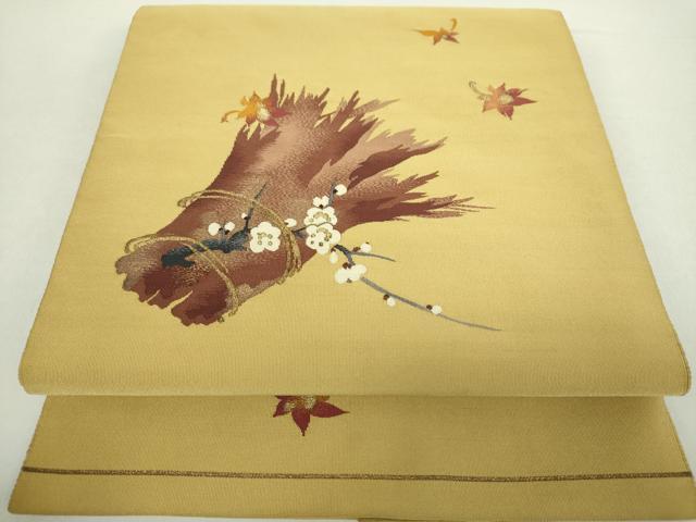平和屋着物●爪掻き本綴れ　八寸名古屋帯　枝梅　楓　金糸　正絹　逸品　DABA1342ps 平和屋着物○爪掻き本綴れ 八寸名古屋帯 枝梅 楓 金糸