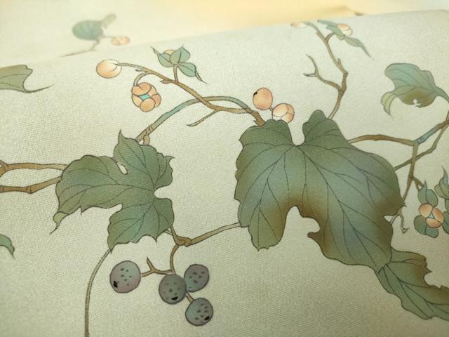 葡萄　ぶどう　ブドウ　名古屋帯　塩瀬 名古屋帯 塩瀬帯 手描き ぶどう 葡萄 九寸 アセテート 名古屋仕立