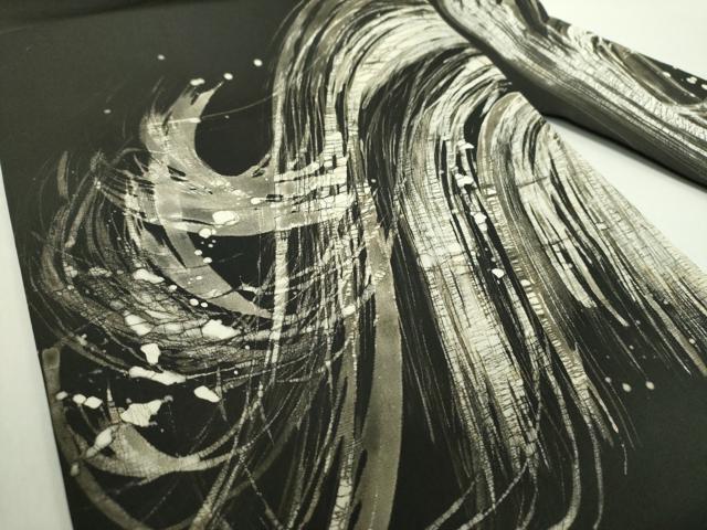 平和屋着物○塩瀬 九寸名古屋帯 作家物 ろうけつ染め 抽象文様 黒地 正絹