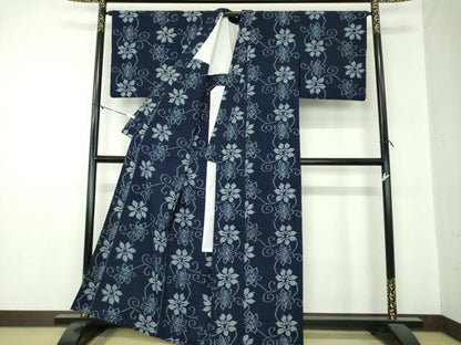 平和屋着物●久留米絣　単衣　花唐草文　綿　逸品　DABA1392ps