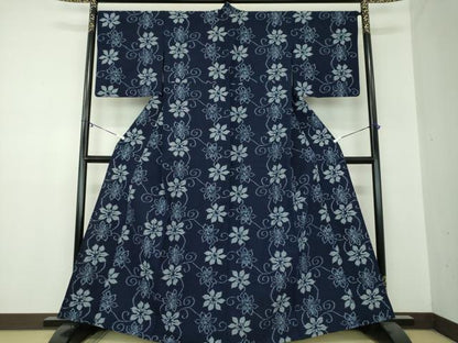 平和屋着物●久留米絣　単衣　花唐草文　綿　逸品　DABA1392ps