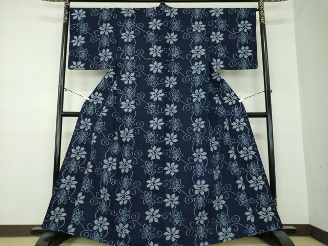 平和屋着物●久留米絣　単衣　花唐草文　綿　逸品　DABA1392ps