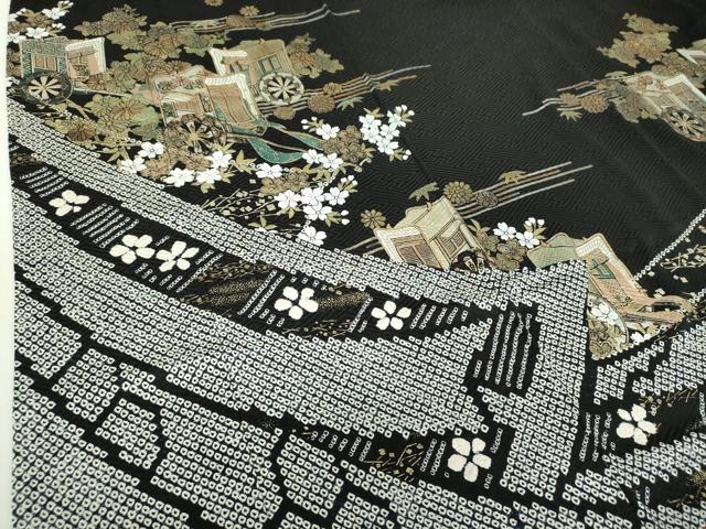 平和屋着物○豪華振袖 絞り 御所車 舞桜 黒地 金銀彩 正絹 逸品 DABA1393ps