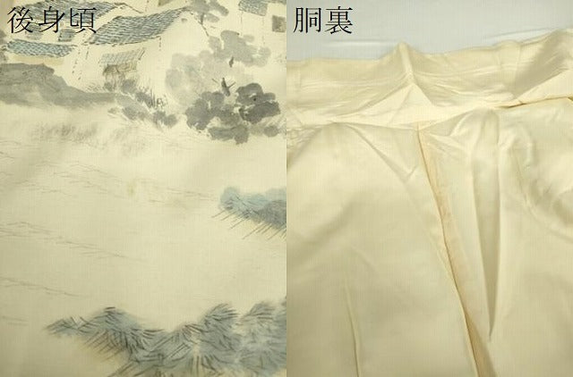 平和屋着物●訪問着　紬地　作家物　手描き　風景文　正絹　逸品　DABA1416ps