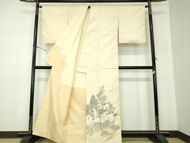 平和屋着物●訪問着　紬地　作家物　手描き　風景文　正絹　逸品　DABA1416ps